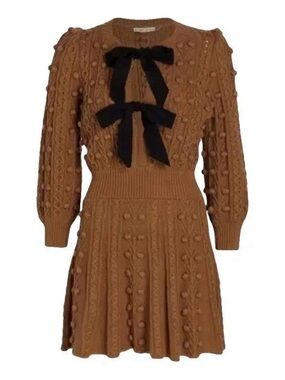 Textured Knit Dress with Black Bow Accent